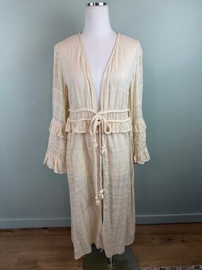 Peace Love World Cream Boho Tie-Waist Duster Cardigan Kimono Swim Cover size XS